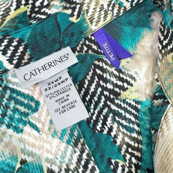 Catherines Top Shirt Womens 2X Petite Roll Tab Sleeve Green Floral Button Up - Picture 3 of 10
